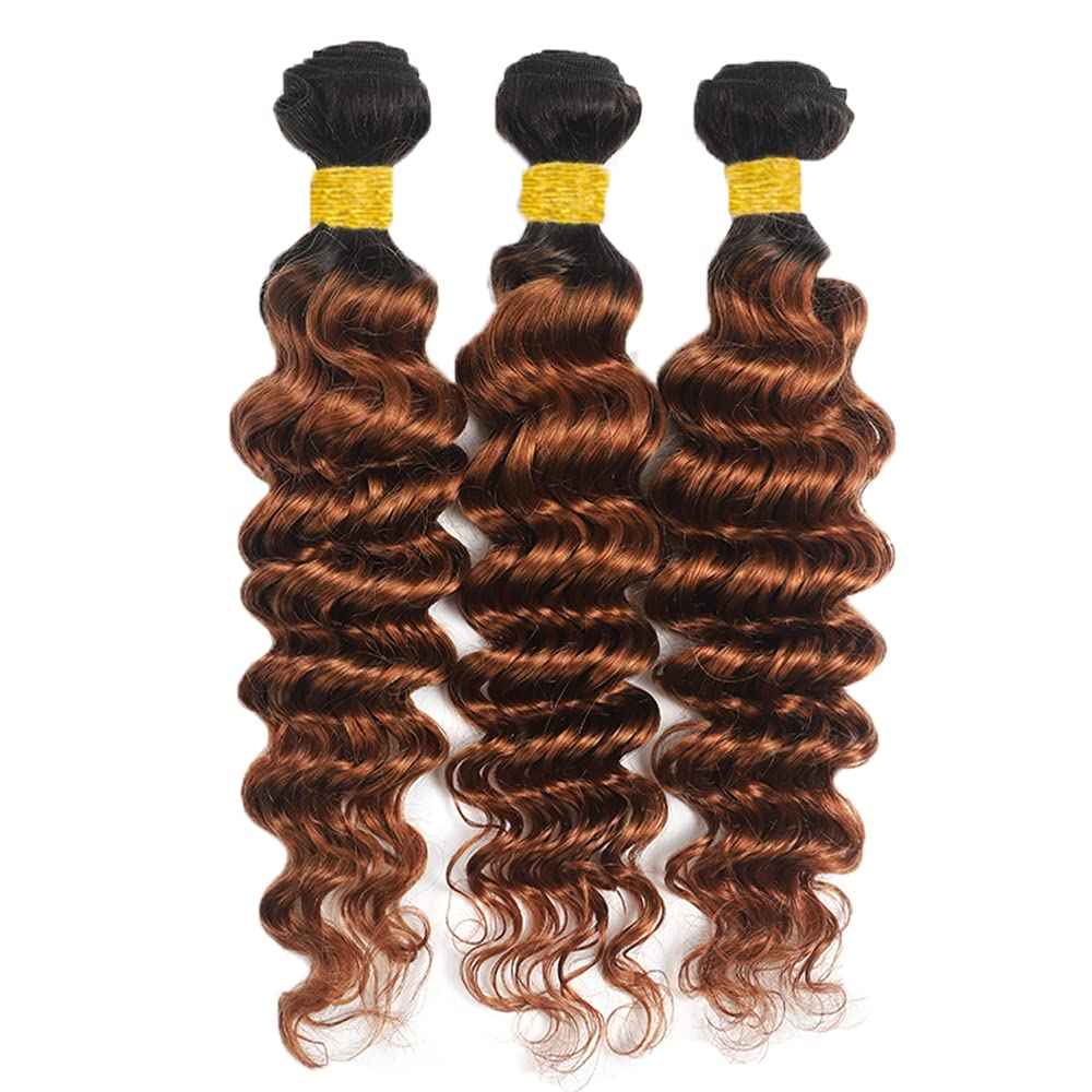 Ombre Human Hair Bundles Deep Wave Bundle 1B/30 Brown Bundles Human Hair 16 18 20 Inch Dark Brown Unprocessed Brazilian Remy Hair Extensions Salon Quality For Women Deals