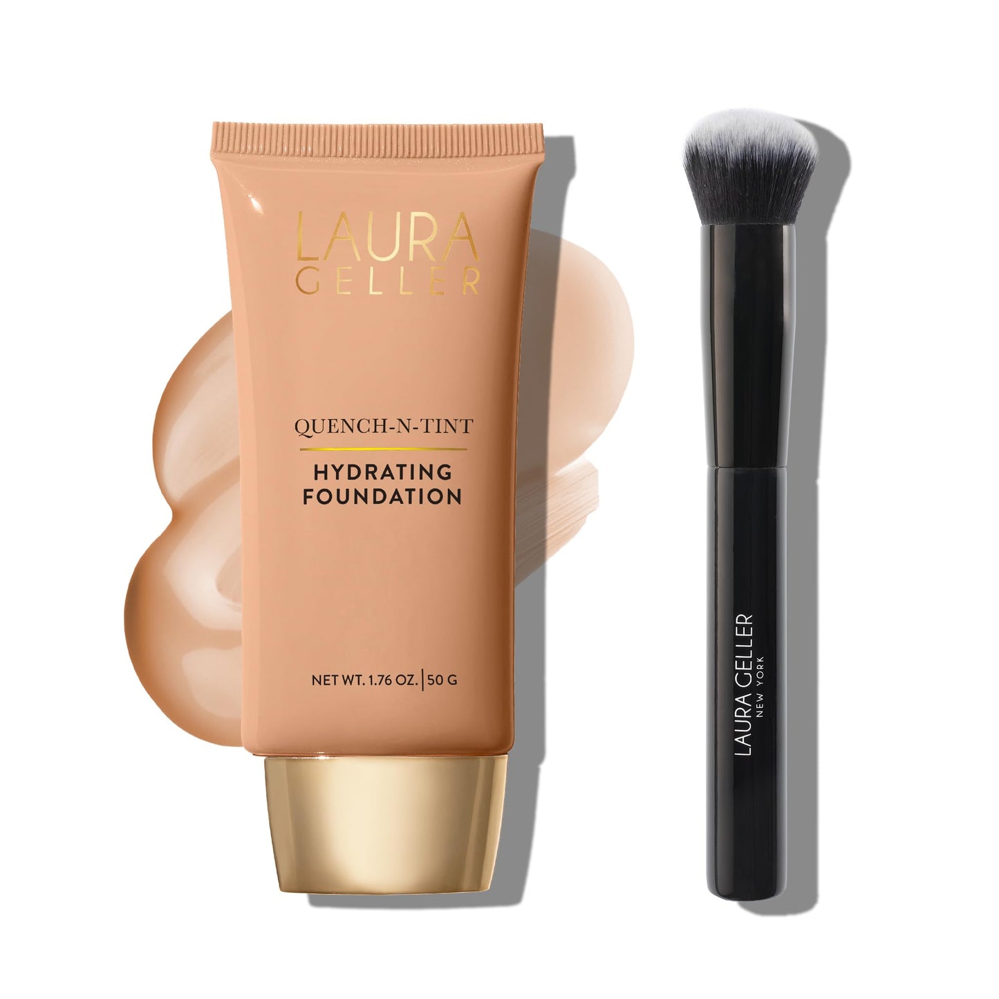 LAURA GELLER "No Makeup" Makeup Quench-n-Tint Hydrating Foundation, Light/Medium + Professional Foundation Brush for Liquid, Cream and Powder Face Makeup