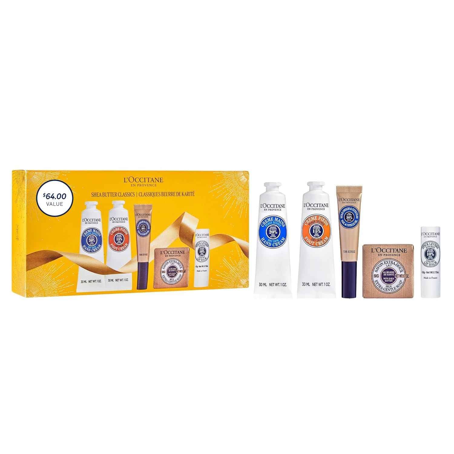 L’Occitane Shea Butter Classics Holiday Gift Set, Soothing, Nourishing & Hydrating Daily Essentials, Travel-Sized Minis, Skincare, Lip & Body Care