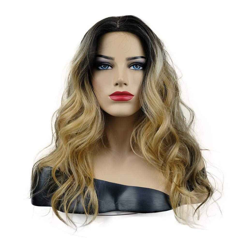onemily Long Curly Wavy Synthetic Wigs for Women Girls Golden Brown with Dark Roots