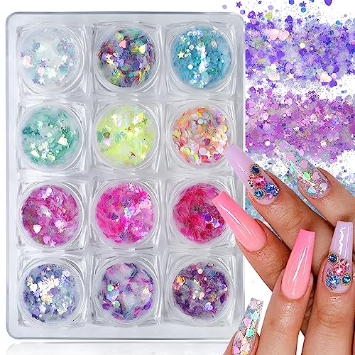 LuckForever 12 Colors Chunky Body Glitters Mermaid Gel Sequins Self-Adhesive Nail Glitter Fish Scale Gel Eye Makeup Stage Performance Sequins Powder for Acrylic Nails Crafts Paints Resin Cosmetics