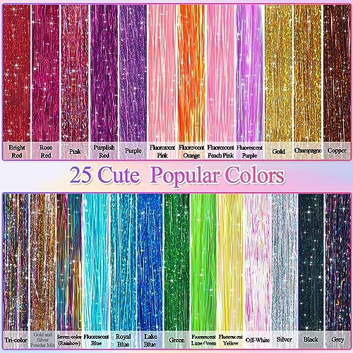 LifeisLuck 25-Color Fairy Hair Tinsel Kit with 5000 Strands & Tools for Sparkling Hair Extensions, Perfect for Parties & Cosplay