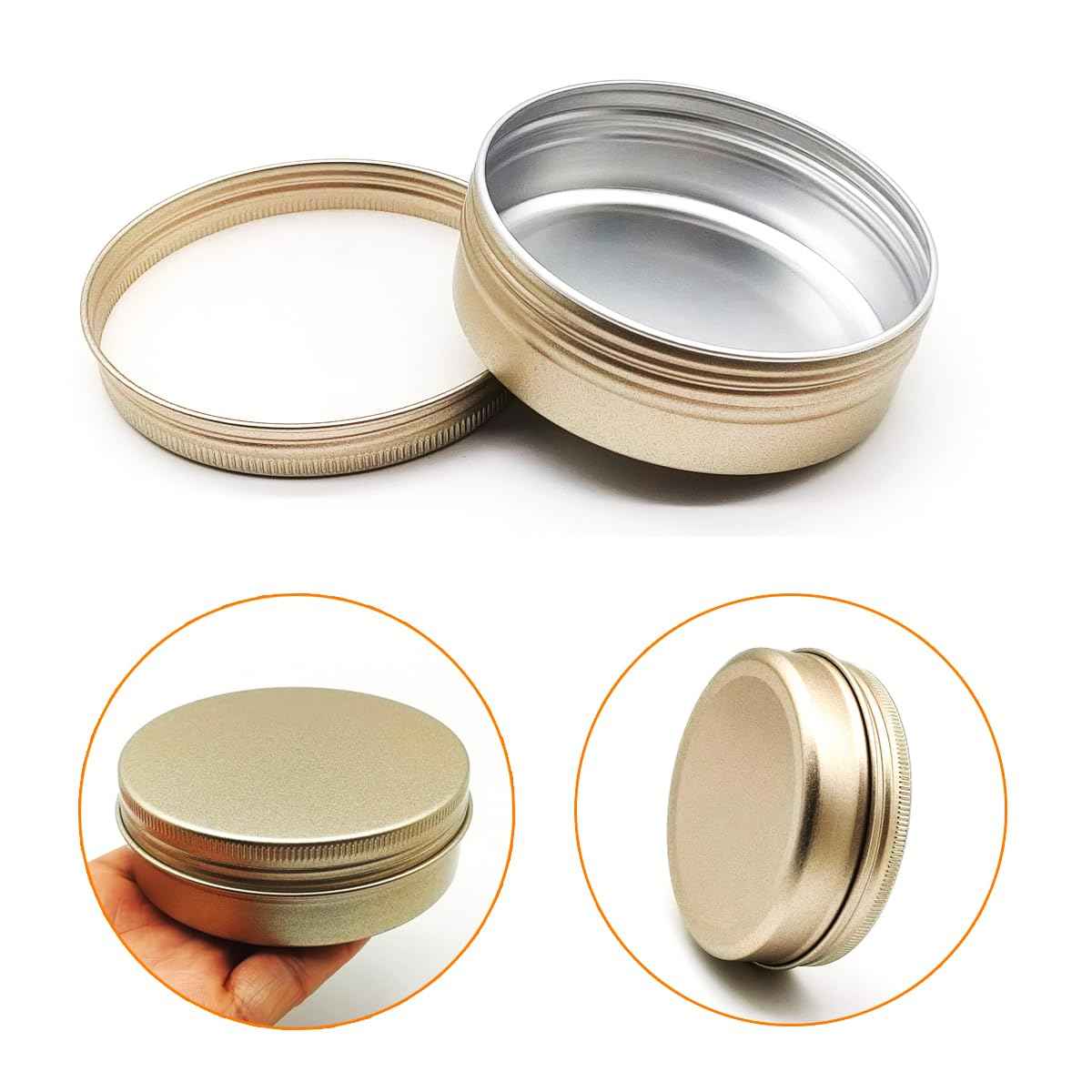 Wopanxye Aluminum Tin Cans, 6pcs 100ml/3oz Metal Round Storage Tin, 100gram Makeup Sample Container, Empty Travel Tins for Candle, Salve, Cosmetics, Face Cream, Lip Gloss Balm, Paints, Tea, Matte-Gold