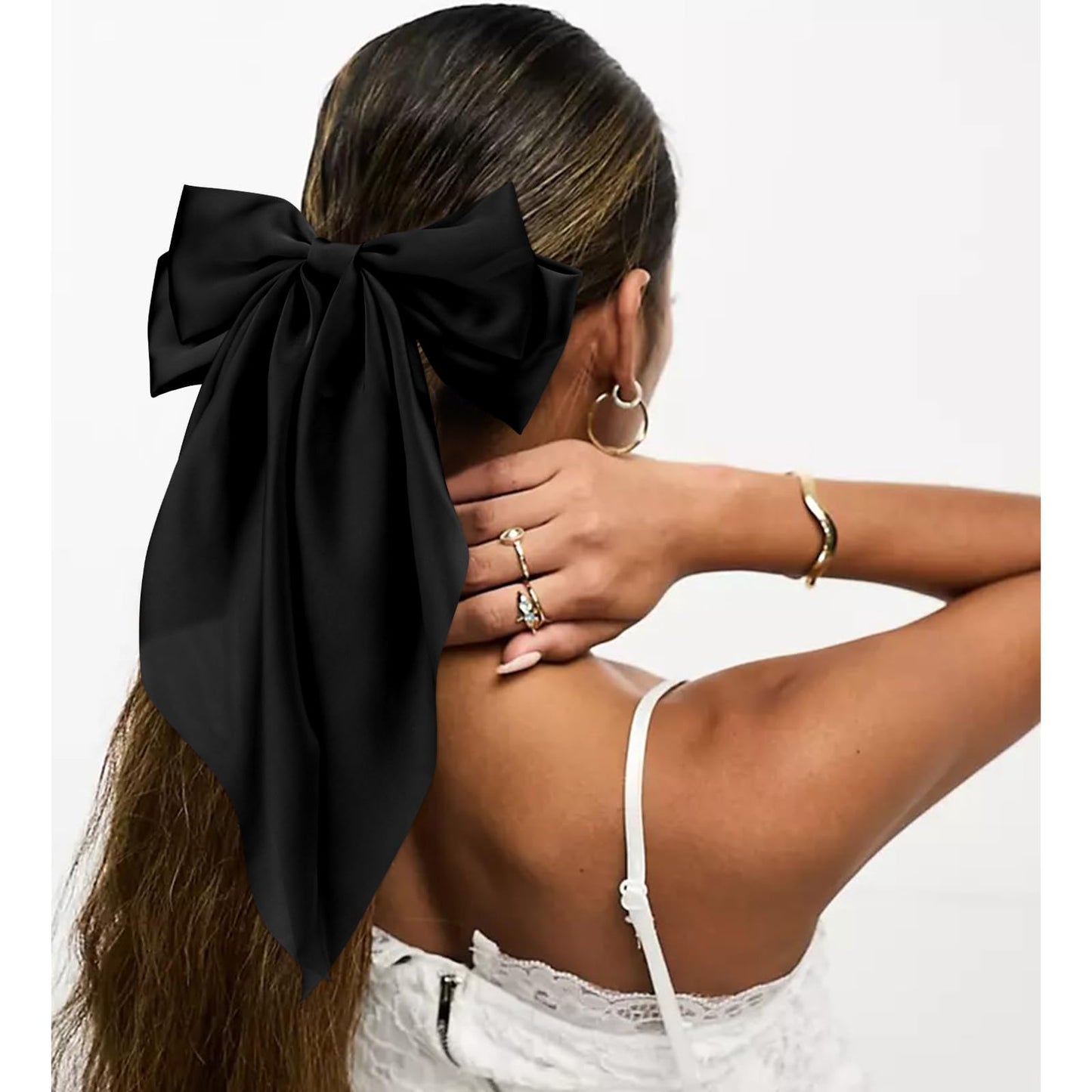 Velscrun Hair Bows for Women Girls 3Pcs White Black Green Silky Satin Large Bows Hair Clip Oversized Hair Ribbons Long Tail Big Bows Hair Accessories