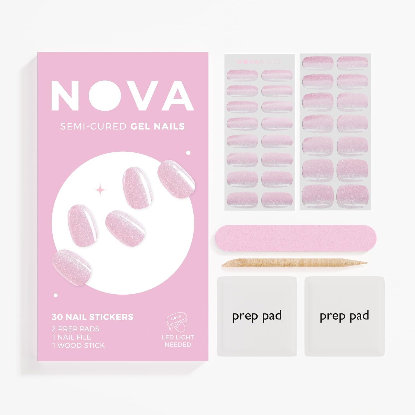 NOVA, Female Founded, Semi Cured Gel Nail Strips (Ever After) - The 10 Minute Manicure. Salon-Quality, Works with Any Nail Lamp, Easy to Apply & Remove - Incl. Nail File & Wooden Stick (Ever After)