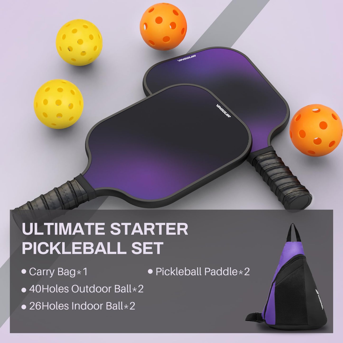 VINSGUIR Pickleball Paddles, Fiberglass Pickleball Paddles Set of 2, Lightweight Pickleball Rackets with Pickleball Carrying Bag, Pickleball Gifts for Beginners & Pros (2 Rackets)