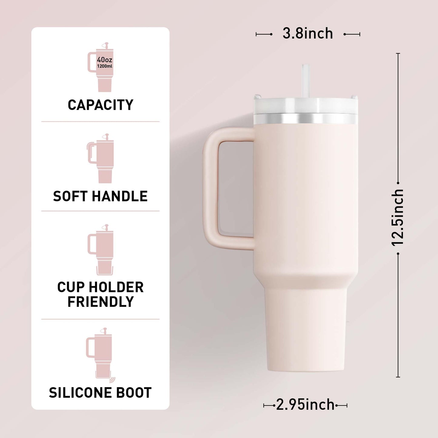 KISSKIND 40 oz tumbler with handle Travel Mug Straw Covers Cup with Lid Insulated Quencher Stainless Steel Water Iced Tea Coffee Gift Cream