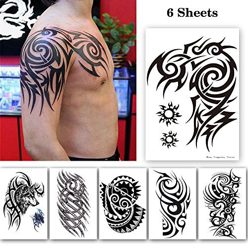 Large Tribal Temporary Tattoos, Big Totem Tattoo Stickers for Men Guys Waterproof Arm Fake Tattoo for Rave Party Makeup, 6-Sheet