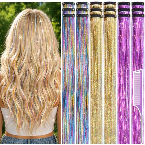 Hair Tinsel Clip-In Extensions 18pc - Rainbow Gold Purple