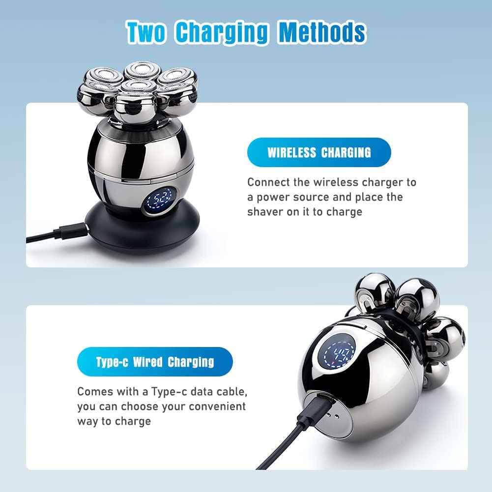 Head Shavers for Bald Men, Wjiang 6 in 1 Electric Razor Mens Shaver Wet Dry Cordless Electric Skull Shavers 7D Floating Rechargeable Bald Head Shaver Back for Men Father's Day Gifts