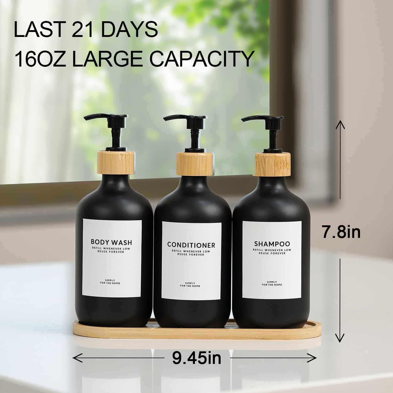 Shampoo and Conditioner Dispenser,16.9 fl oz Set of 3 Black Plastic Refillable Shower Shampoo Dispenser with Bamboo Tray, Reusable Pump Bottles with Labels for Bathroom Décor (Black+Bamboo Tray)