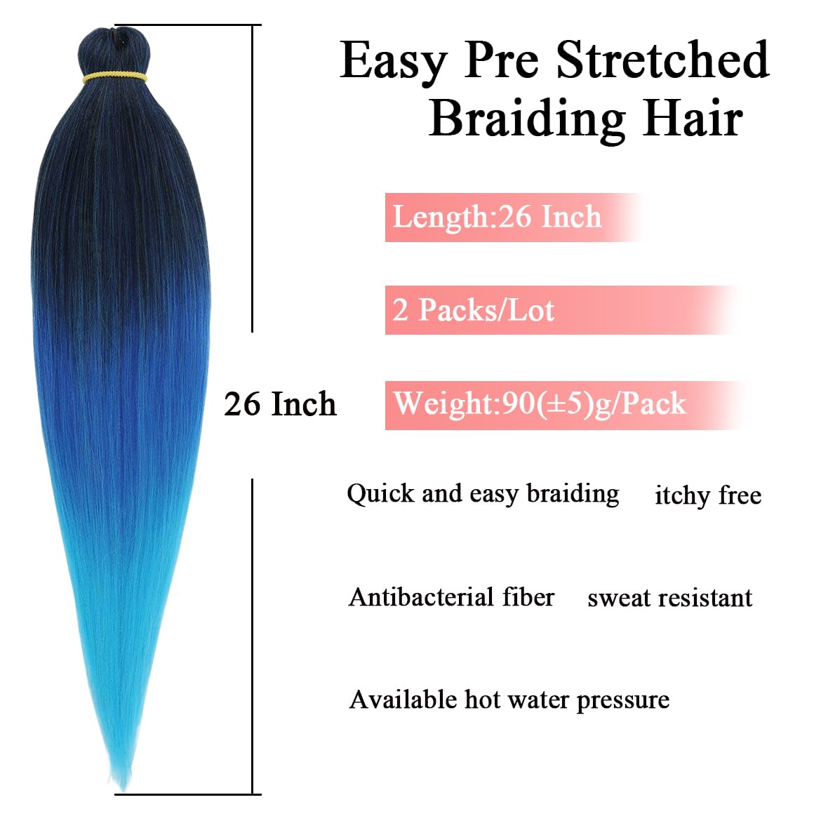 Leeven Pre-Stretched Braiding Hair 26 Inch 2 packs Hot Water Setting Synthetic Hair Crochet Braiding Hair Extension(Black/Dark Blue/Light Blue)