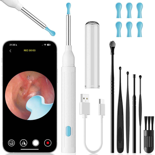 Ear Wax Removal, Ear Wax Removal Tool with 8 Kits & 5 Ear Spoon, Ear Cleaner with 2400P Camera with 6 LED Lights, Ear Wax Removal Kit for iOS & Android (White)