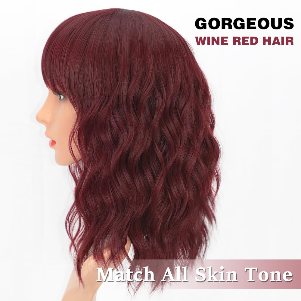 AISI HAIR Curly Bob Wig with Bangs Short Wavy Wine Red Color Wigs for Women Bob Style Synthetic Heat Resistant Bob Wigs