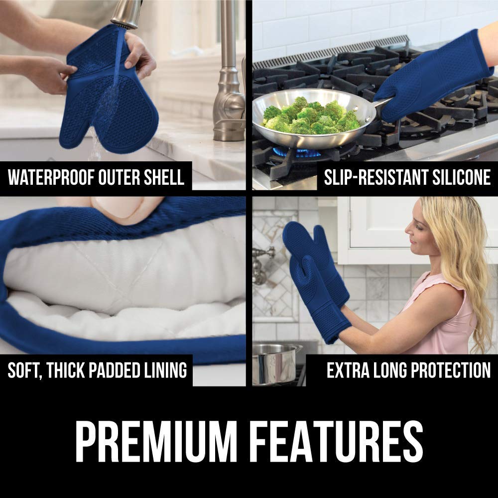 Gorilla Grip Heat and Slip Resistant Silicone Oven Mitts Set, Soft Cotton Lining, Waterproof, BPA-Free, Long Flexible Thick Gloves for Cooking, BBQ, Kitchen Mitt Potholders, 12.5 in, Blue