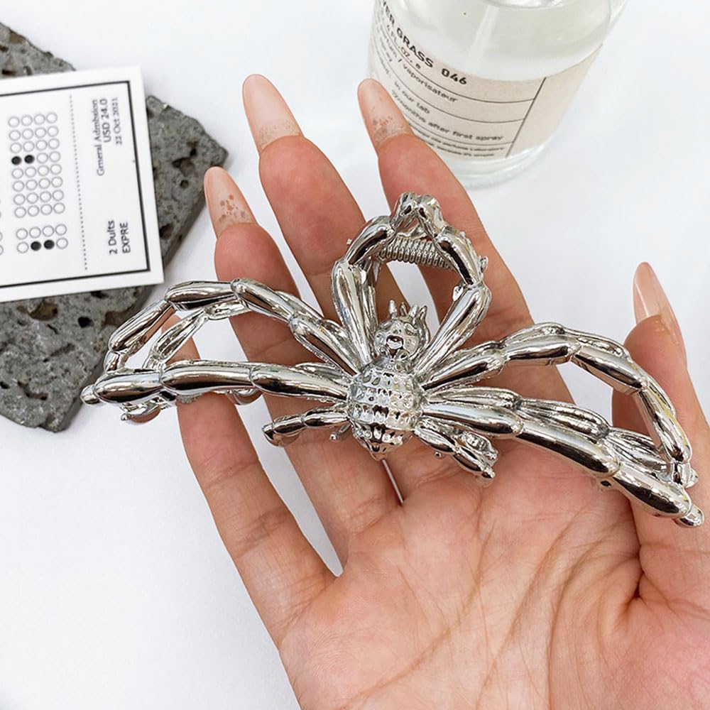 Spider Metal Silver Hair Claw Clips - Large Non-Slip Luxury Headdress for Thick Hair, Strong Grip Jaw Hair Clips, Fashion Accessories for Women and Girls, 1Pcs