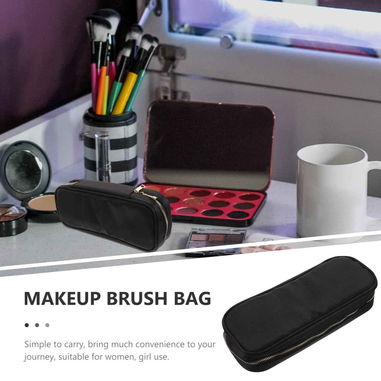 FOMIYES Portable Makeup Brush Bag Travel Makeup Brush Pouch Zipper Makeup Brush Storage Bag Black, 24.00X10.00X5.50CM, 1320H184KK