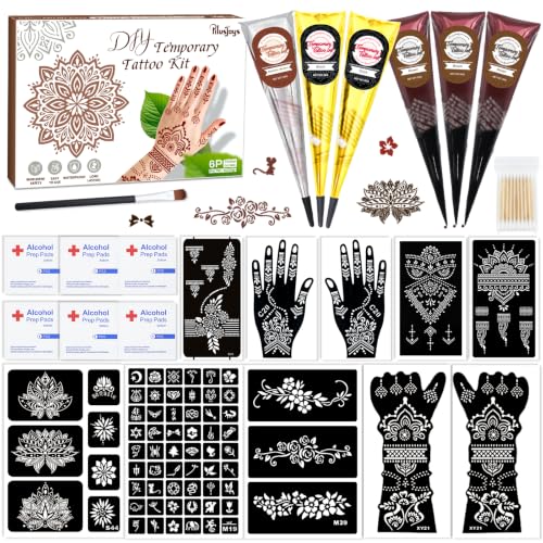 Temporary Tattoo Stencil Kit with 10 Waterproof Designs & 6 Ink Cones