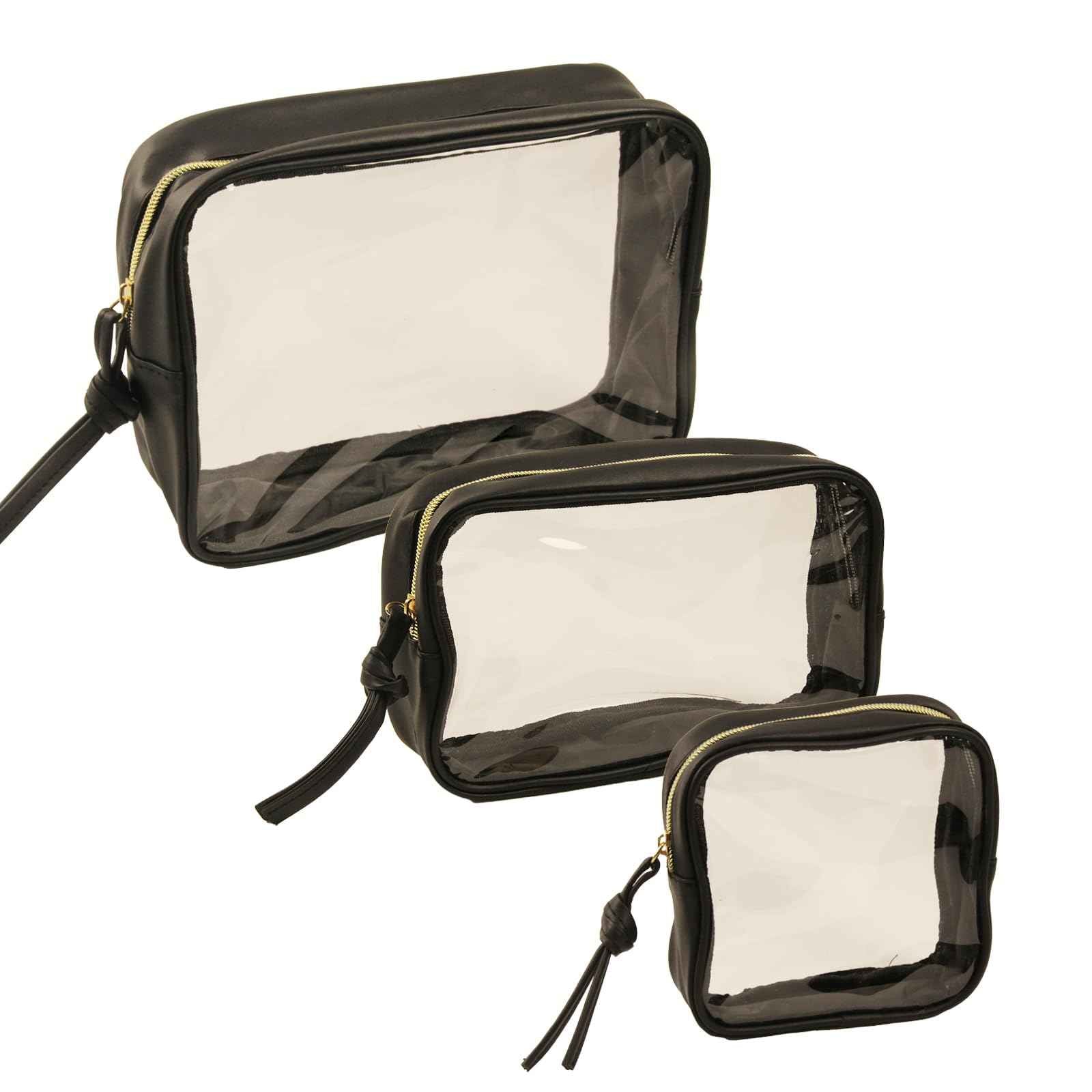 lllyan 3-Piece Travel Makeup Bag Clear Waterproof Toiletry Bag Set Large, Medium Small Sizes Travel Toiletry Organizer Pouch Cosmetic Storage for Bathroom (Black)