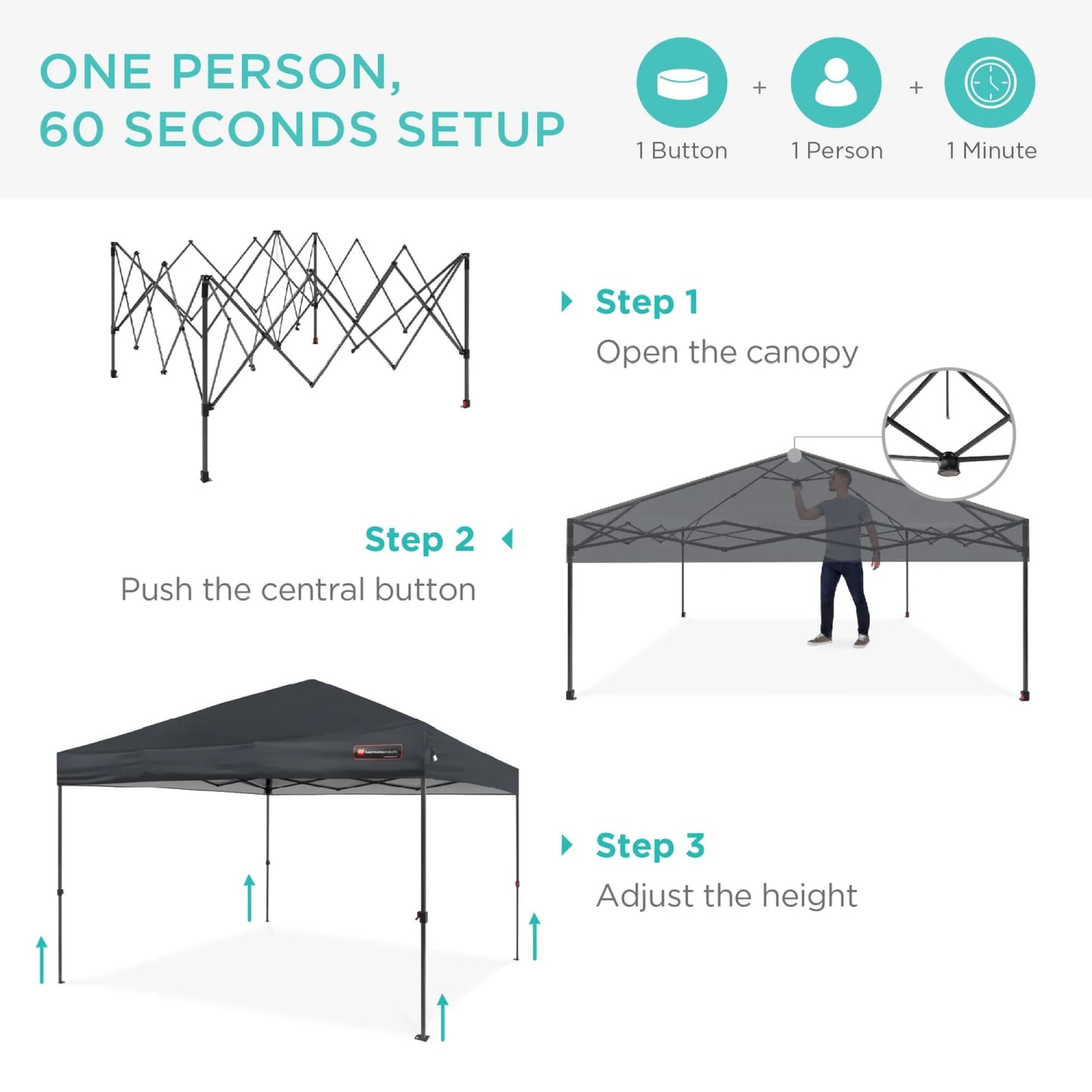 Best Choice Products 8x8ft 1-Person Setup Pop Up Canopy Tent Instant Portable Shelter w/ 1-Button Push, Case, 4 Weight Bags - Gray