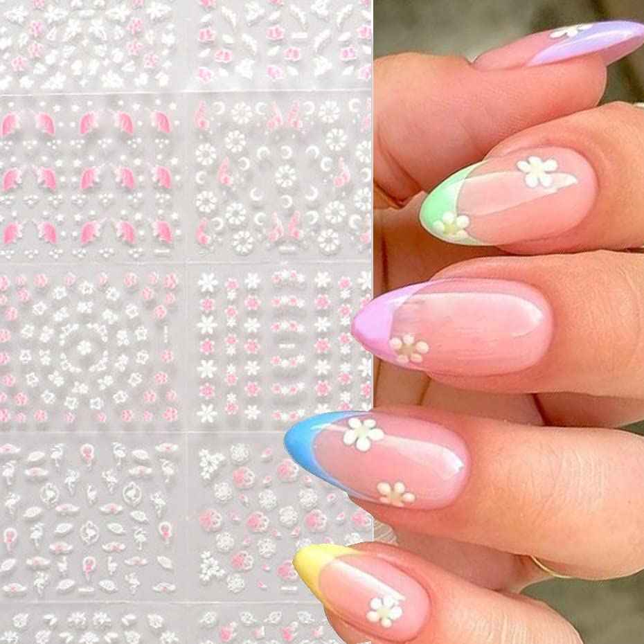 Flower Nail Art Stickers 3D Self Adhesive Pink White Nail Designs Nail Decals Nail Stickers Nail Art Supplies Pink Flower White Flower Nail Stickers for Nail Decorations Manicure Tips 30 Sheets