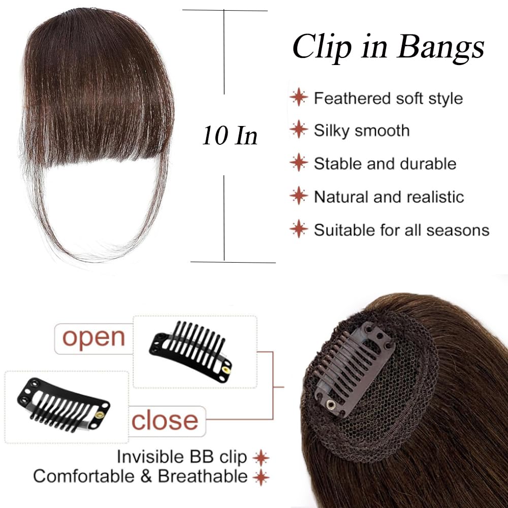 MYMYDA Clip in Bangs 100% Real Human Hair Extensions Clip on Wispy Bangs for Women Fringe with Temples Hairpieces Dark Brown Color