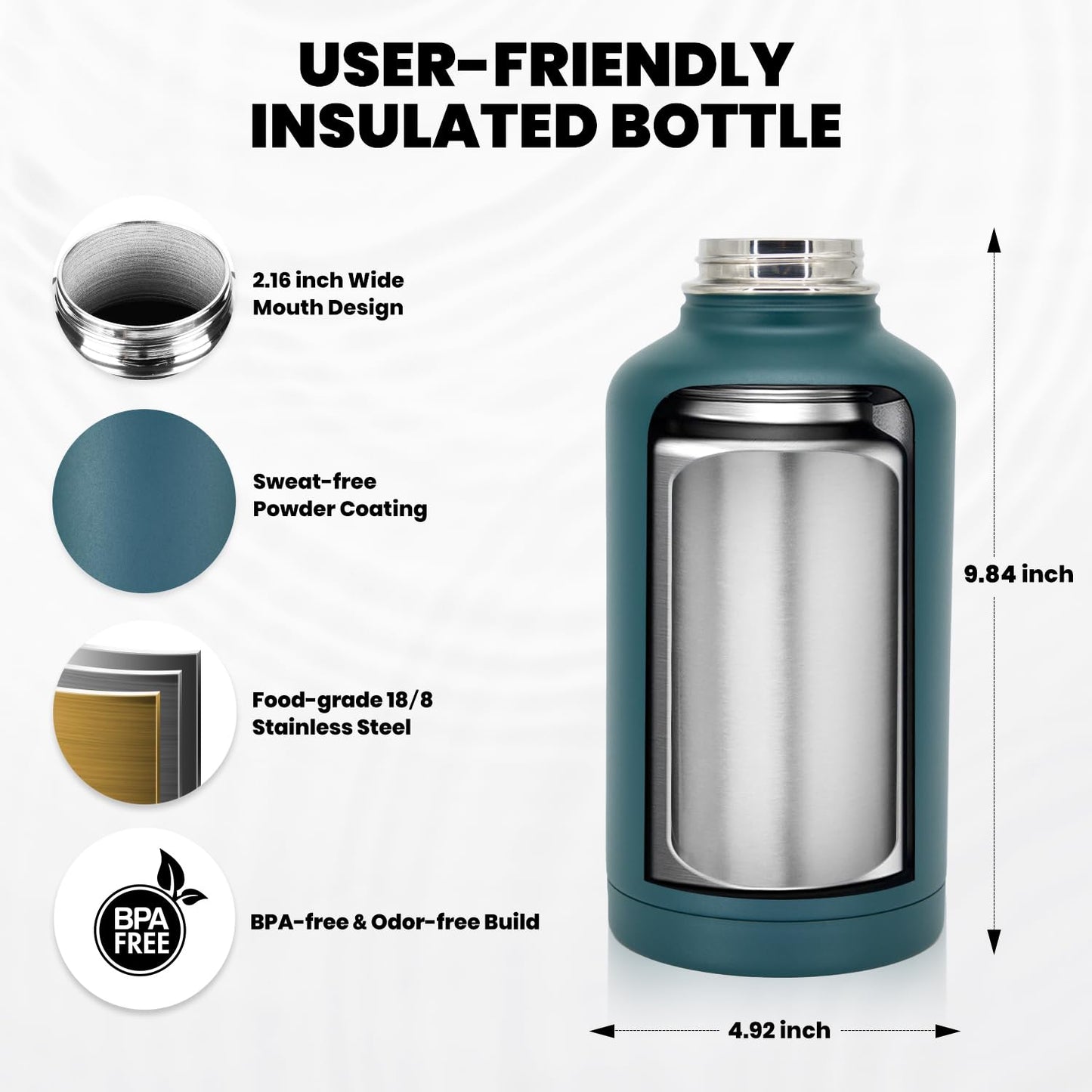 RAYMYLO Insulated Water Bottle 64 oz, Triple Wall Vacuum Stainless Steel (Cold for 48 Hrs), Leak Proof & Non-BPA, Half Gallon Water Flask Jug with Paracord Handle & Straw Spout Lids, Dark Green