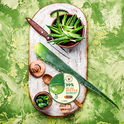 THESAEM Jeju Fresh Aloe Soothing Gel 10.1 fl. oz. - 99% Pure Aloe Vera Leaf Juice from Jeju Island - Multi-Purpose Moisturizing Gel for Face, Body & Hair - Cooling Relief for Irritation & Dry Skin