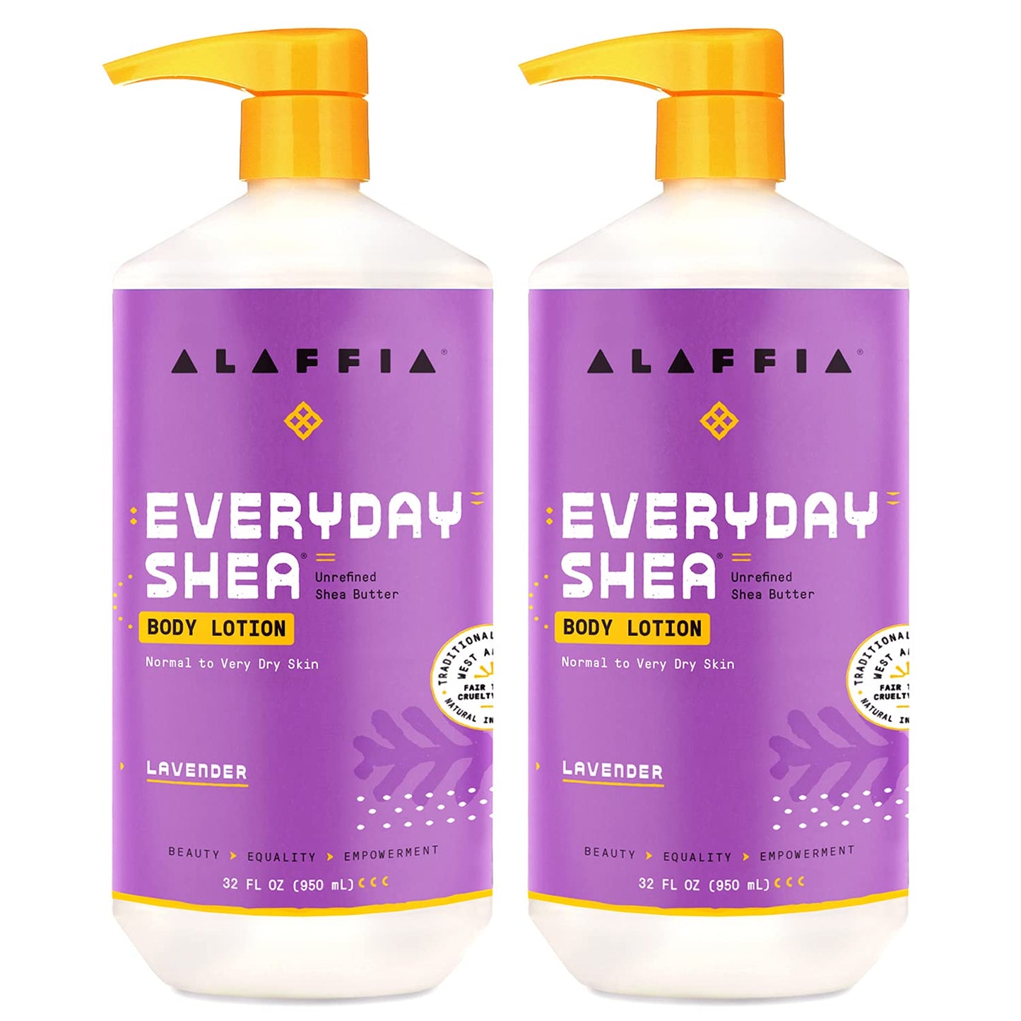 Alaffia Everyday Shea Body Lotion - Normal to Very Dry Skin, Moisturizing Support for Hydrated, Soft, and Supple Skin with Shea Butter and Lemongrass, Fair Trade, Lavender, 2 Pack - 32 Fl Oz Ea