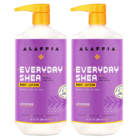 Alaffia Everyday Shea Body Lotion - Normal to Very Dry Skin, Moisturizing Support for Hydrated, Soft, and Supple Skin with Shea Butter and Lemongrass, Fair Trade, Lavender, 2 Pack - 32 Fl Oz Ea