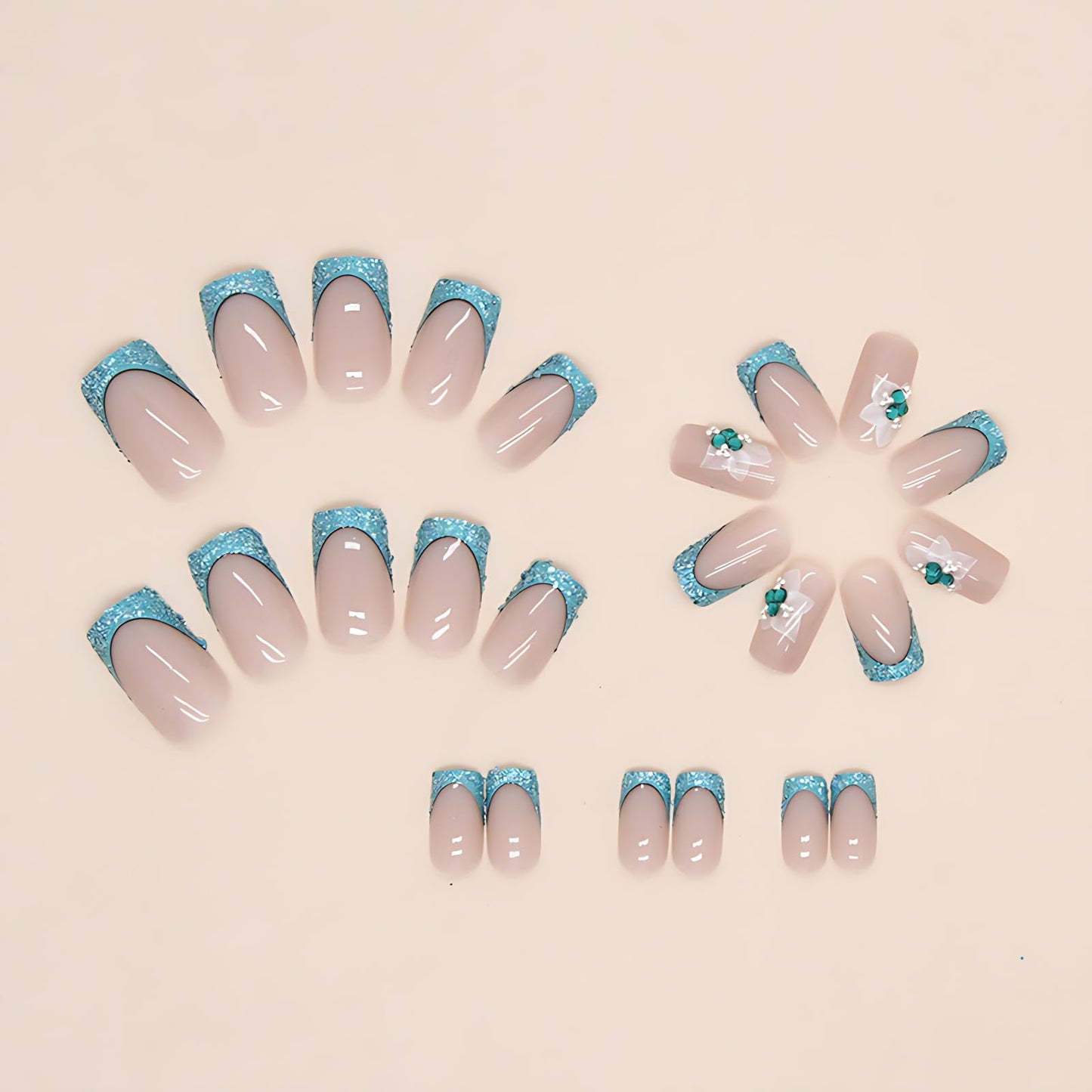 Nude Short Fake Nails Square Press on Nails with French Tip Blue Glitter Designs 3D Flower Glue on Nails Short Acrylic Press on Nails for Women Girls 24Pcs (Spring Summer)