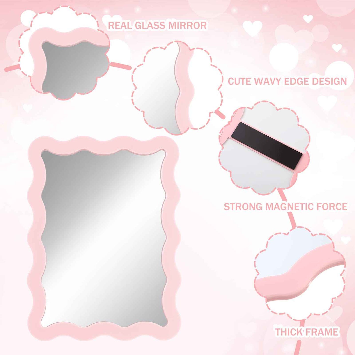 Leinuosen Scalloped Magnetic Locker Mirror 5''x7'' Small Real Glass Makeup Mirror with Magnetic Backing Cute Locker Decorations for Office Cabinet Lockers Accessories(Light Pink)