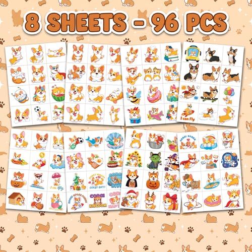 96 PCS Corgi Temporary Tattoos for Kids - Pre-Cut