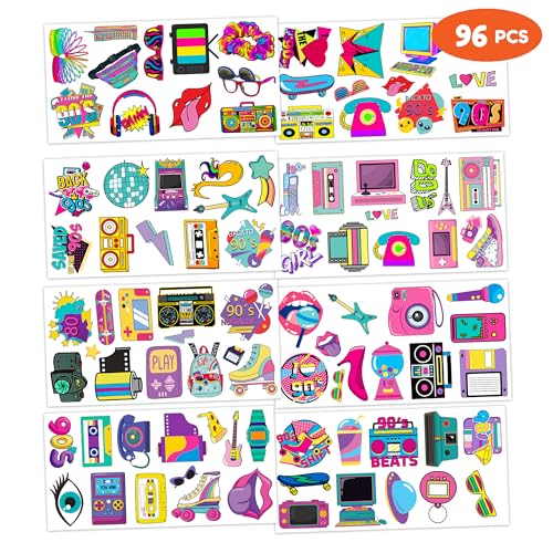 96 PCS 80s 90s Retro Temporary Tattoos - Waterproof