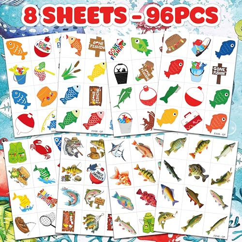 96 PCS Gone Fishing Temporary Tattoos for Kids