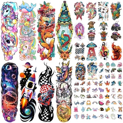 52 Pcs Kids Temporary Tattoos - Full Arm Waterproof Stickers