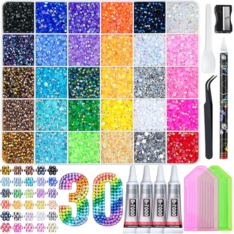40000 Pcs Resin Rhinestones Kit - 30 Colors 3mm Flatback with Glue & Tools