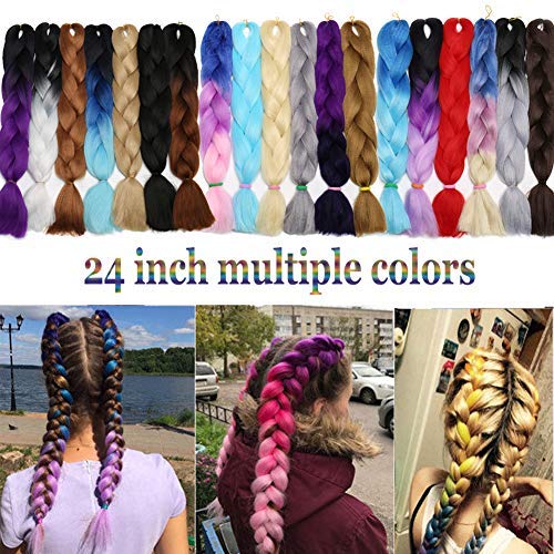 Benehair Ombre Braiding Hair 1 Bundle 24inch Jumbo Braiding Hair Extensions High Temperature Synthetic Braid Hair Braiding Hair Pre Stretched Braid Extensions (Black+Blue+Grey)