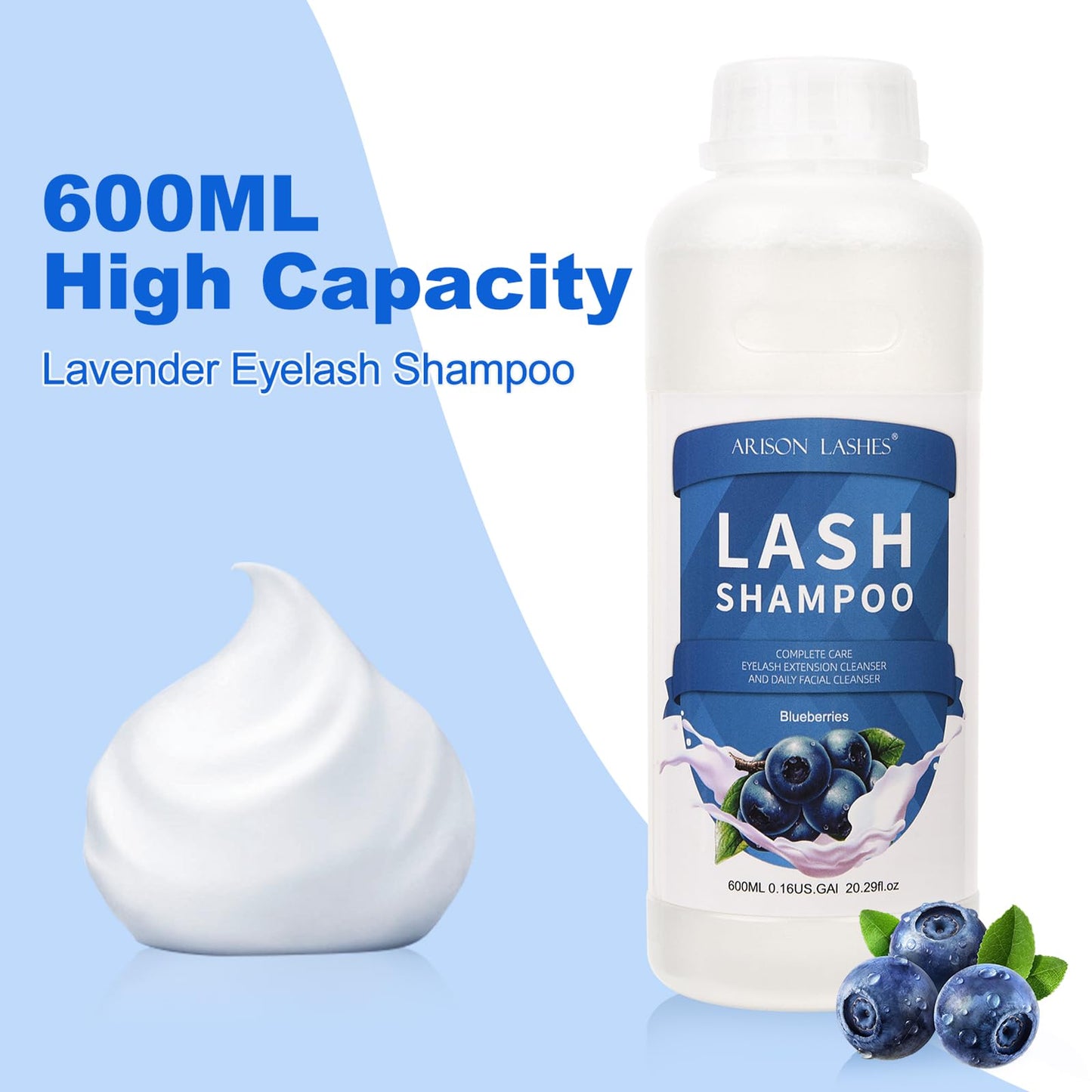 Arison Eyelash Eyelash Extension Shampoo 600ml / Eyelid Foaming Cleanser/Wash for Extensions and Natural Lashes/Paraben & Sulfate Free Safe Makeup & / Professional & Self Use (Blueberry)