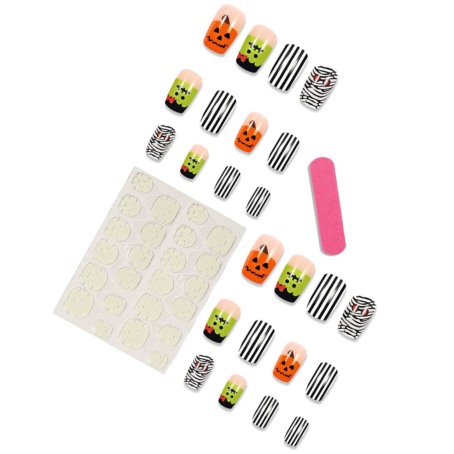 24 Pcs Halloween Press on Nails Short Square Halloween Fake Nails with Mummy & Stripe Designs Artificial Acrylic Nails Glossy Glue on Nails Cute Full Cover False Nails for Women Halloween Nails