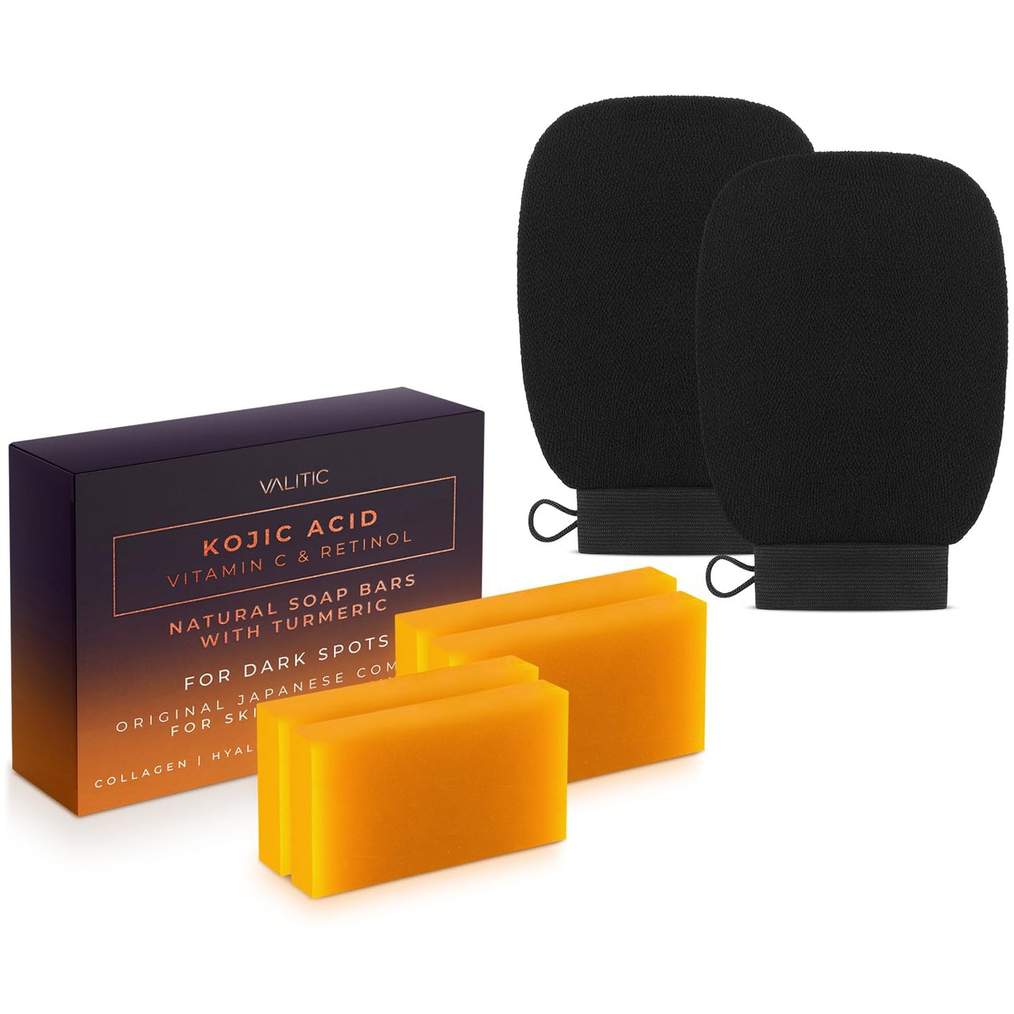 VALITIC 4 Pack Kojic Acid Vitamin C & Retinol Soap Bars for Dark Spot & A Pair of Black Exfoliating Gloves for Body Scrubs