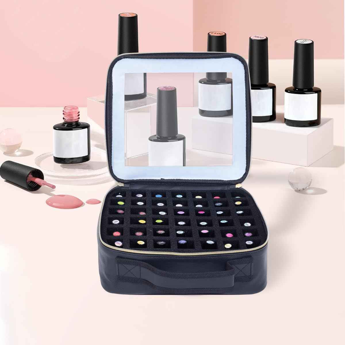 YAHOURWAT Small Clear Nail Polish Organizer Storage Box Hold 42 Bottles (15 ml/0.51 floz) PU Leather Portable Cosmetic Bag with Removable Partition (Black)