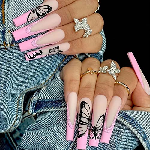 FOAMEE Pink French Tip Fake Nails Coffin Long Press on Nails with Design Matte Acrylic Stick on Nails Butterfly Ballerina Glue on Nails for Women