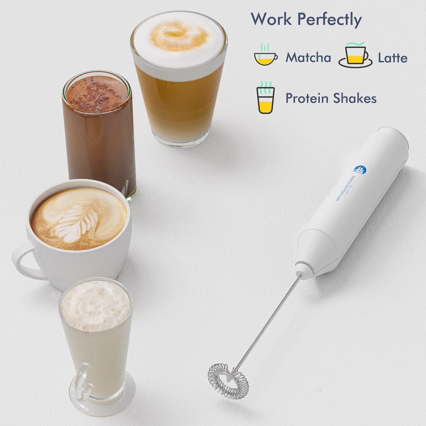 Powerful Milk Frother Handheld Foam Maker, Mini Whisk Drink Mixer for Coffee, Cappuccino, Latte, Matcha, Hot Chocolate, No Stand, White