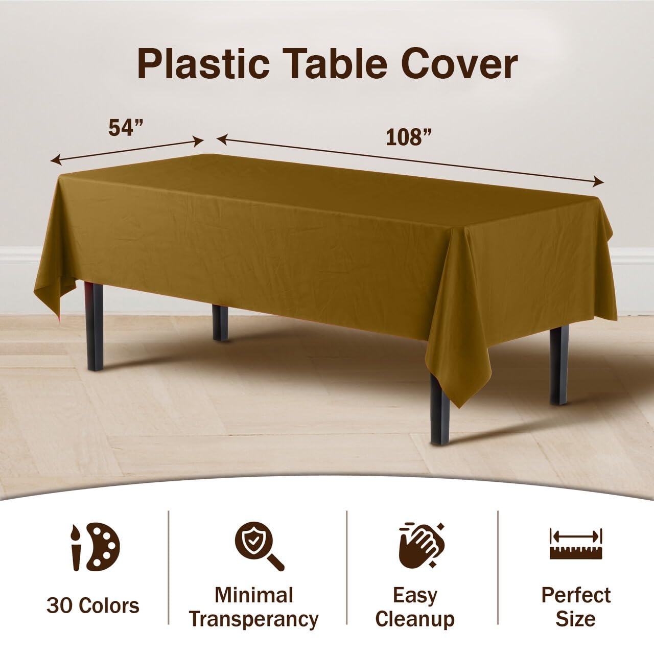 Exquisite 12-Pack Premium Plastic Tablecloth 54in. x 108in. Rectangle Table Cover - Gold