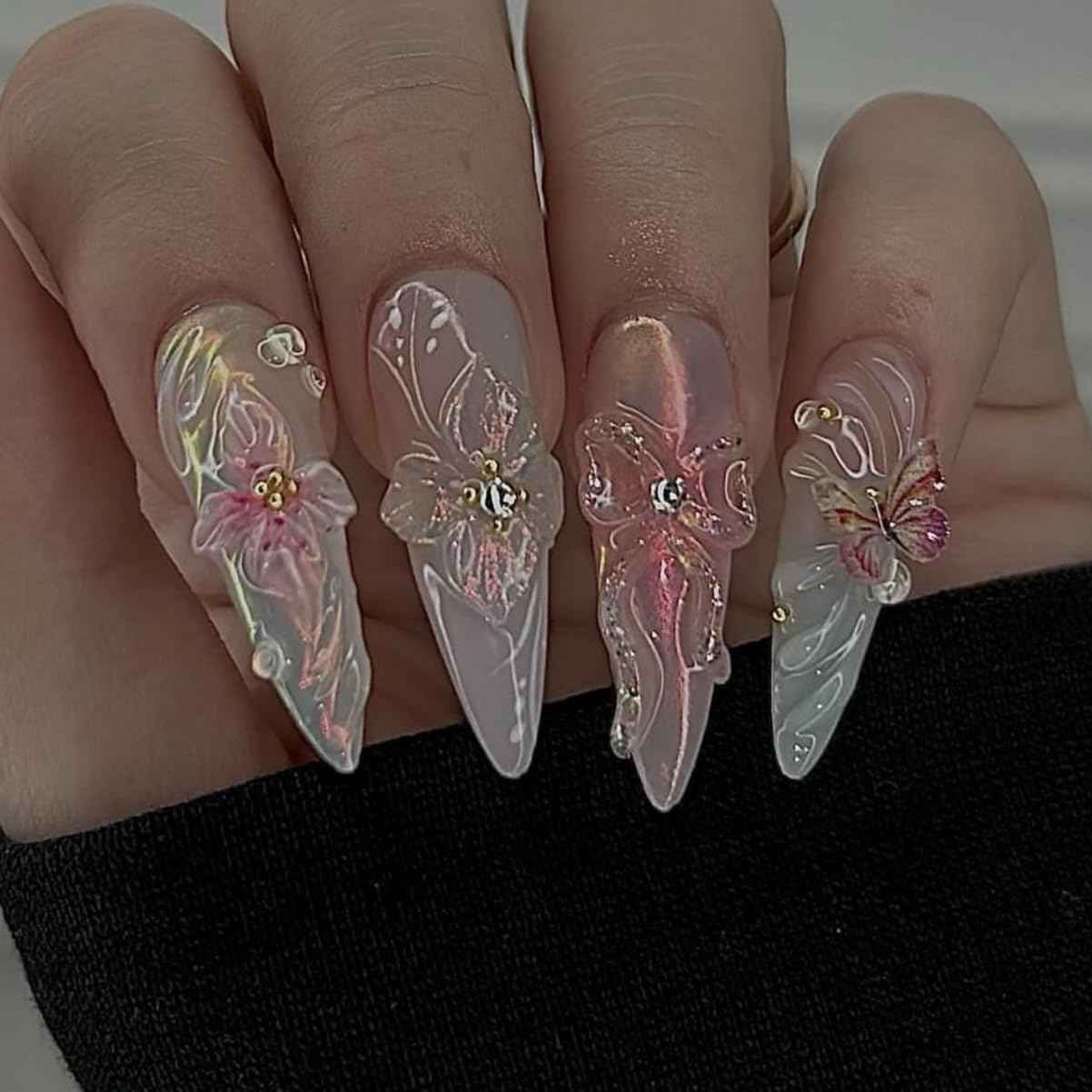 Set Clear Gel 3D Flowers Nails Charms Plain No Rhinestone Gems Handmade by Gel, Design For Medium & Long Nail,3D Flower Nail Art Floral Salon Decor For Women (Set Mix 24, Mix)