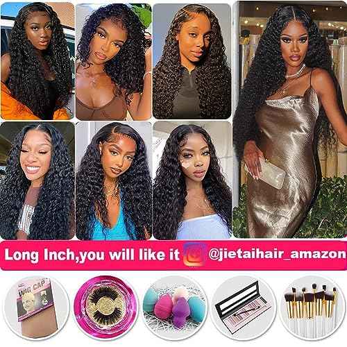 JIETAI 13X4 HD Curly Lace Front Wigs Human Hair Pre Plucked with Baby Hair 180% Density Brazilian Curly Wave Human Hair Wigs for Black Women 9A Glueless Lace frontal Wigs Natural Color (20 Inch)