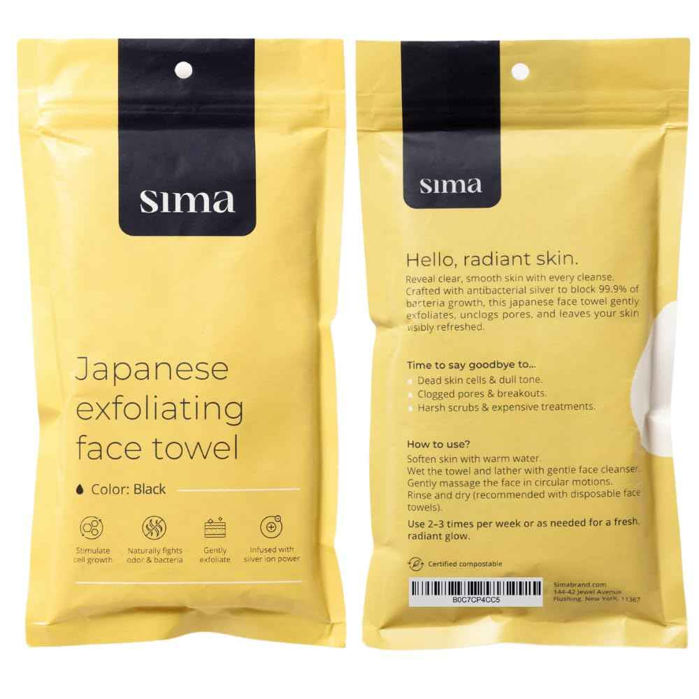 Exfoliating Washcloth Face & Body Scrub Towel - Japanese Exfoliating Towel with Hexagon Fibers, Body Scrubber with 2 Sides for Scrubbing & Washing (Black, 27cm x 35cm)