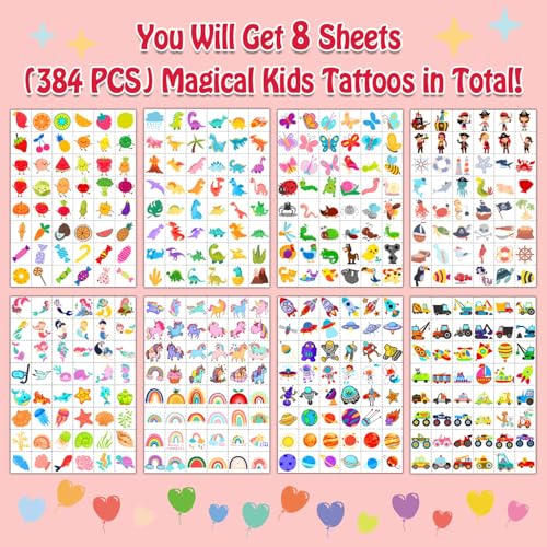 384 Temporary Tattoos for Kids - 8 Sheets Party Favors