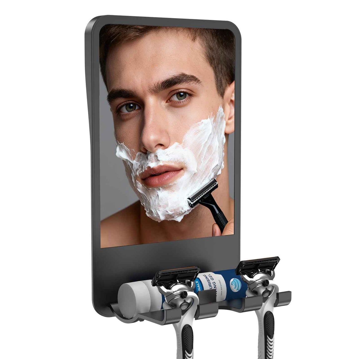 Infitrans Shower Mirror for Shaving Fogless with Multifunctional Storage for Razor and Shaving Foam Canister,Adjustable Angle Mirror (Black)